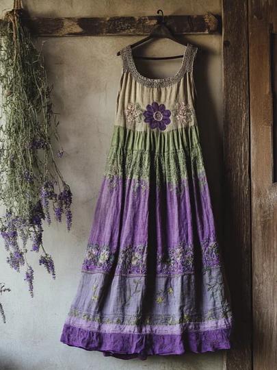 Vintage Bohemian Lavender Patchwork Art Printed Sleeveless Cozy Linen Maxi Dress