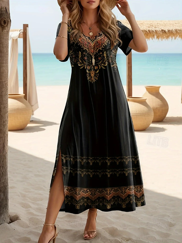 Women's Floral Print Casual Round Neck Short Sleeve Slit Dress