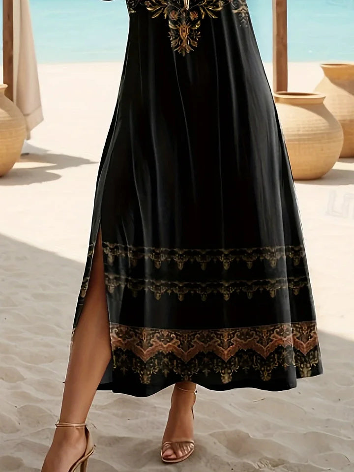 Women's Floral Print Casual Round Neck Short Sleeve Slit Dress