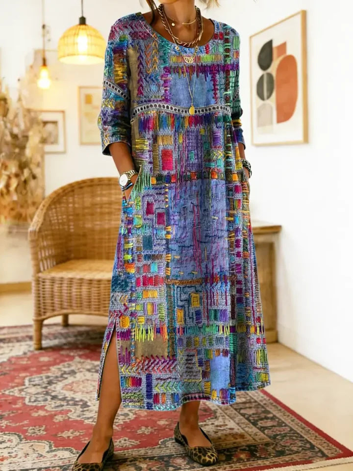 Women's Ethnic Patchwork Printed Cotton Denim Dress with Lace Trim