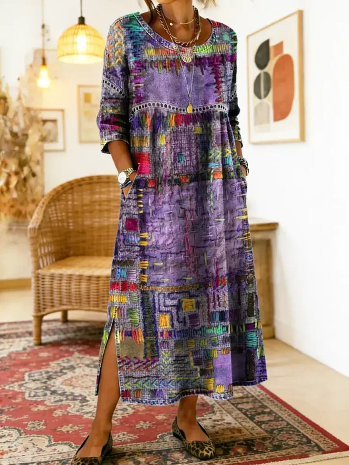 Women's Ethnic Patchwork Printed Cotton Denim Dress with Lace Trim