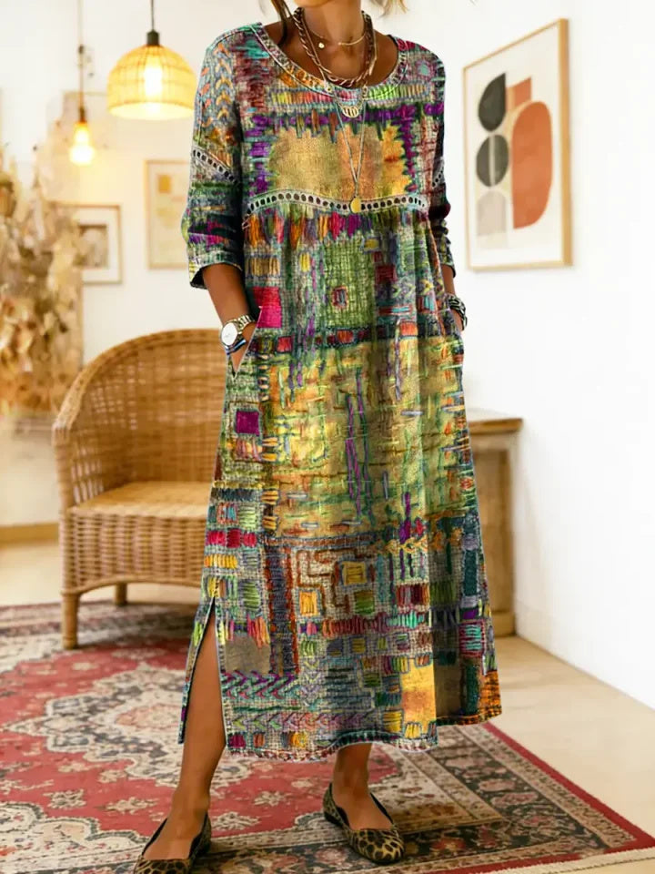 Women's Ethnic Patchwork Printed Cotton Denim Dress with Lace Trim