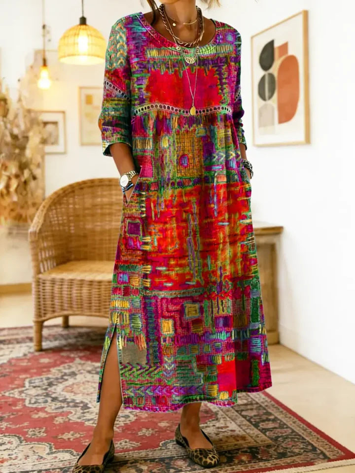Women's Ethnic Patchwork Printed Cotton Denim Dress with Lace Trim