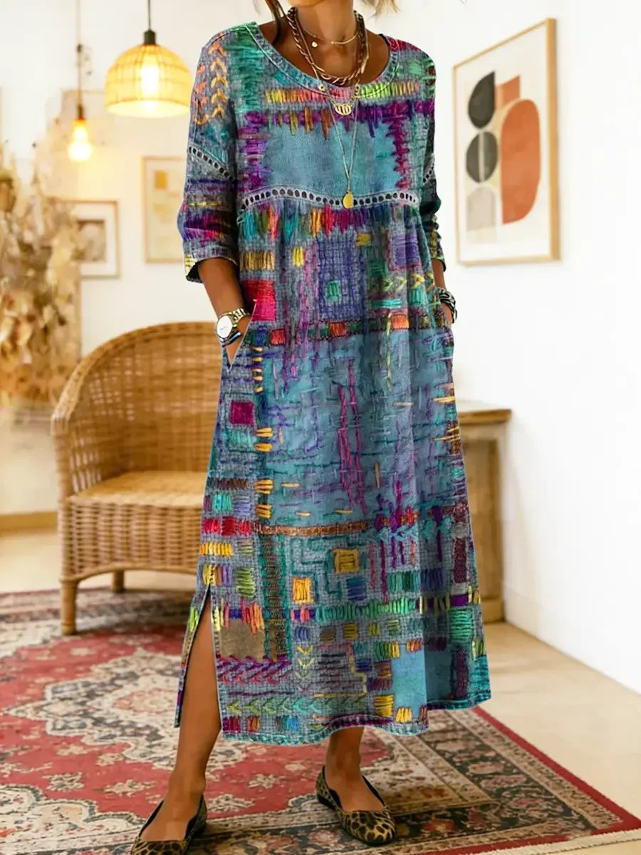 Women's Ethnic Patchwork Printed Cotton Denim Dress with Lace Trim