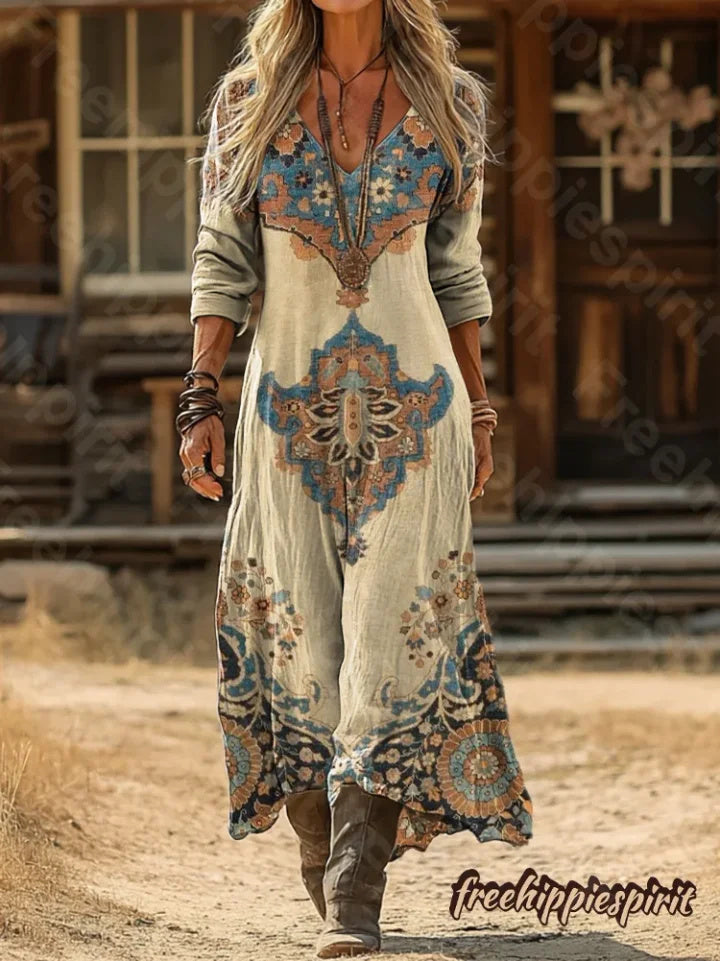 Vintage Ethnic Pattern Art Print Pocket Cotton Dress