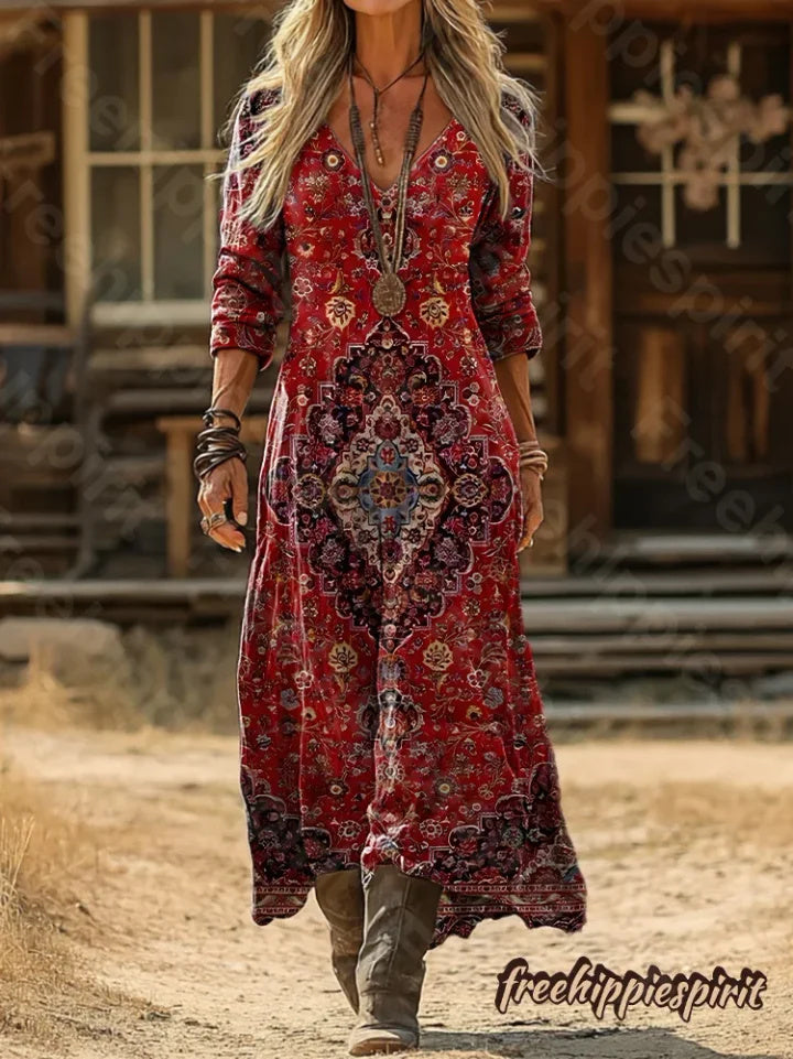 Vintage Ethnic Pattern Art Print Pocket Cotton Dress