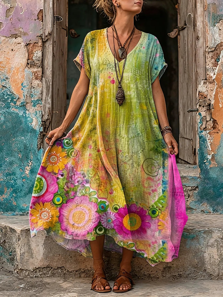 Women's Psychedelic Watercolor Floral Print V-Neck Short Sleeve Maxi Dress