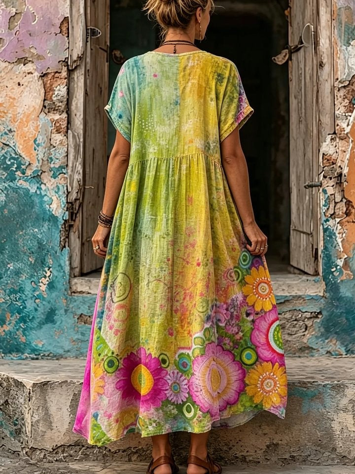 Women's Psychedelic Watercolor Floral Print V-Neck Short Sleeve Maxi Dress