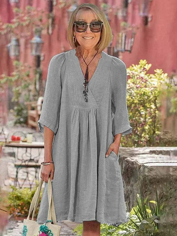 Women's Cotton and Linen Half Sleeve V-neck Loose Casual Pocket Dress