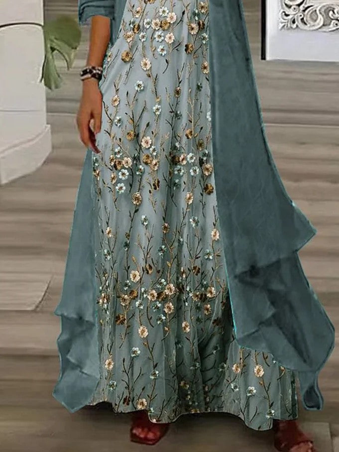 Youthful Ditsy Floral Print Maxi Dress With Thin Jacket Two Piece Outfits