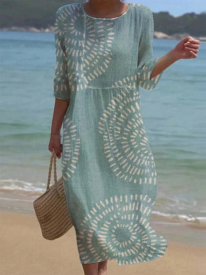 Women's Casual Round Neck Mid Sleeve Print Cotton and Linen Dress
