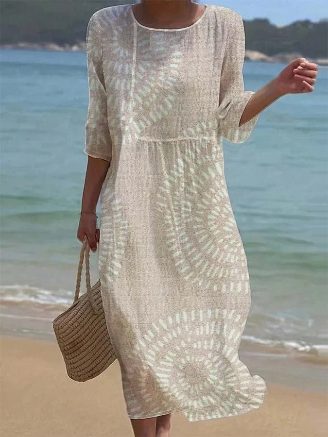 Women's Casual Round Neck Mid Sleeve Print Cotton and Linen Dress