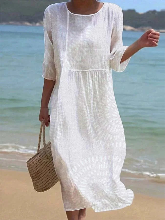Women's Casual Round Neck Mid Sleeve Print Cotton and Linen Dress