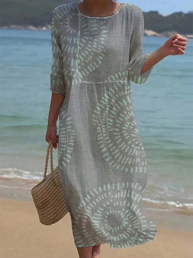 Women's Casual Round Neck Mid Sleeve Print Cotton and Linen Dress