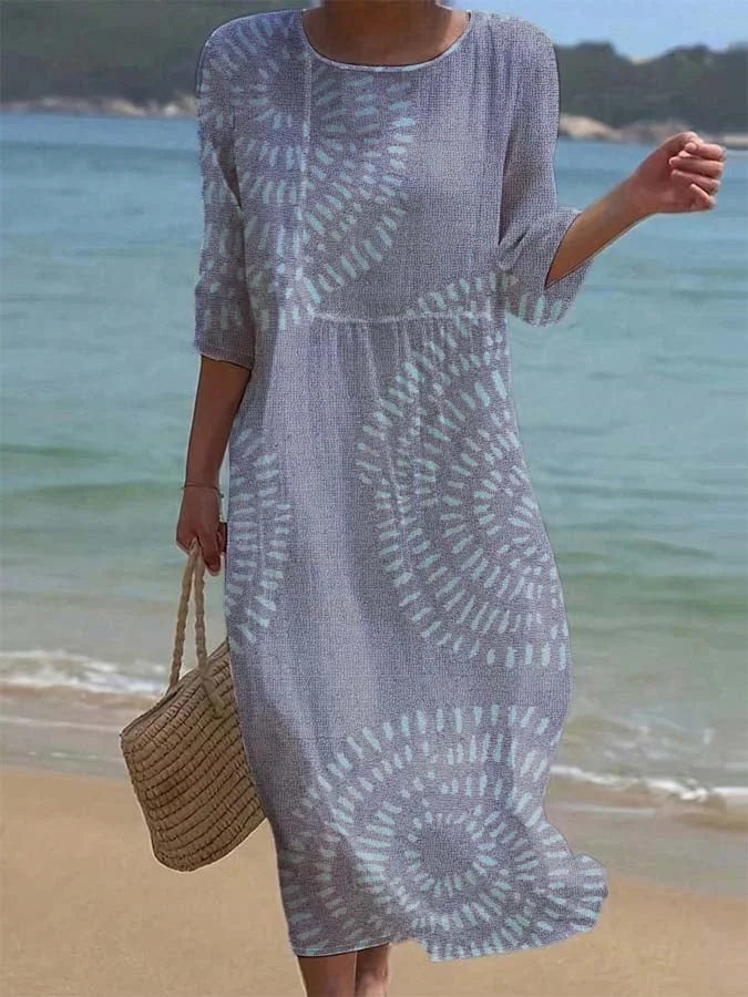 Women's Casual Round Neck Mid Sleeve Print Cotton and Linen Dress