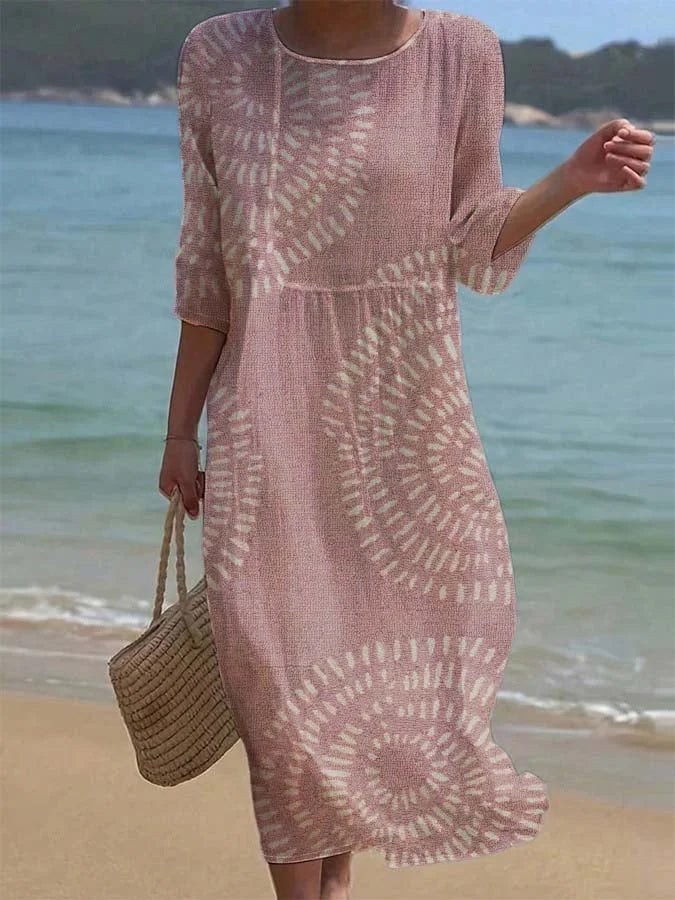 Women's Casual Round Neck Mid Sleeve Print Cotton and Linen Dress
