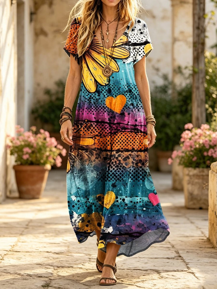 Women's Retro Colorful Floral Art Print Casual Short Sleeve V-neck Cotton Dress