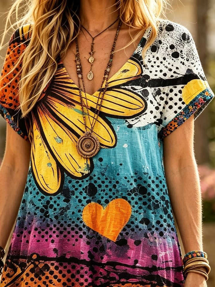 Women's Retro Colorful Floral Art Print Casual Short Sleeve V-neck Cotton Dress
