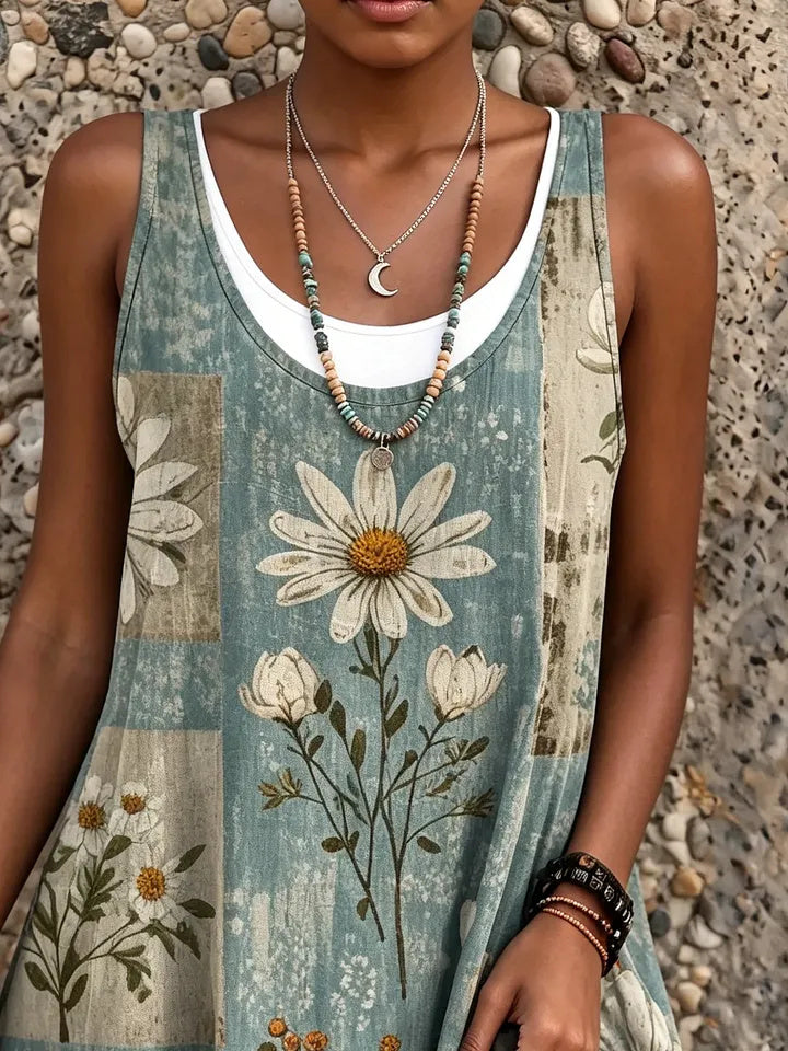 Ethnicity Bohemian Style Flowers Women's Art Print Sleeveless Midi Dress