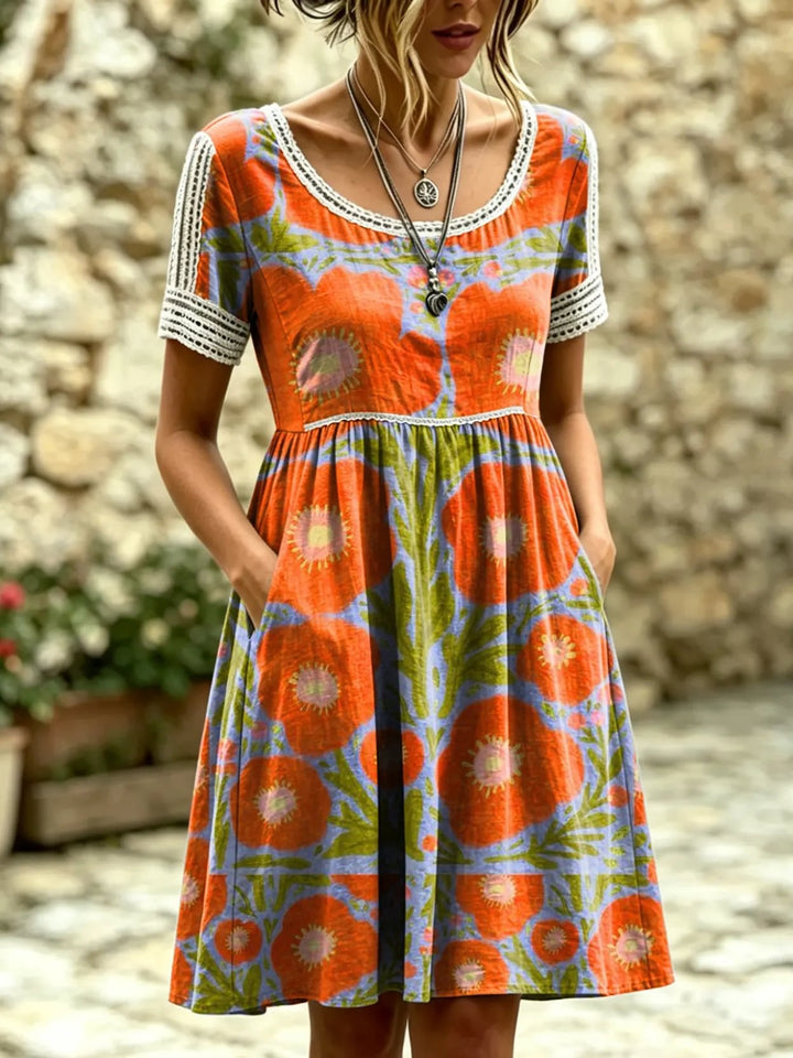Women's Floral Print Artistic Lace-trimmed Pocket Round-neck Short-sleeve Dress