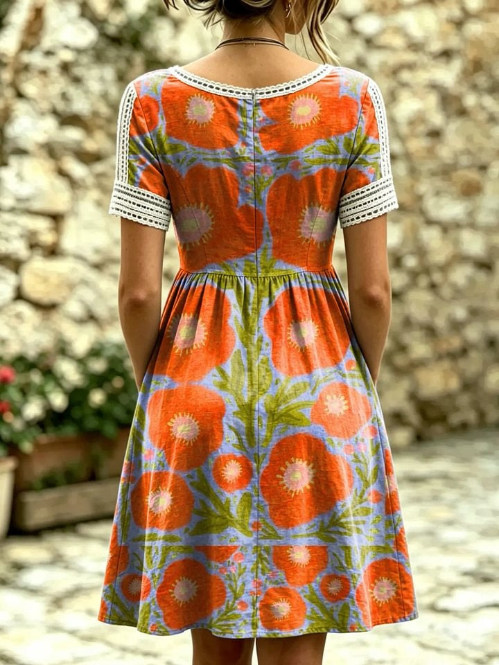 Women's Floral Print Artistic Lace-trimmed Pocket Round-neck Short-sleeve Dress