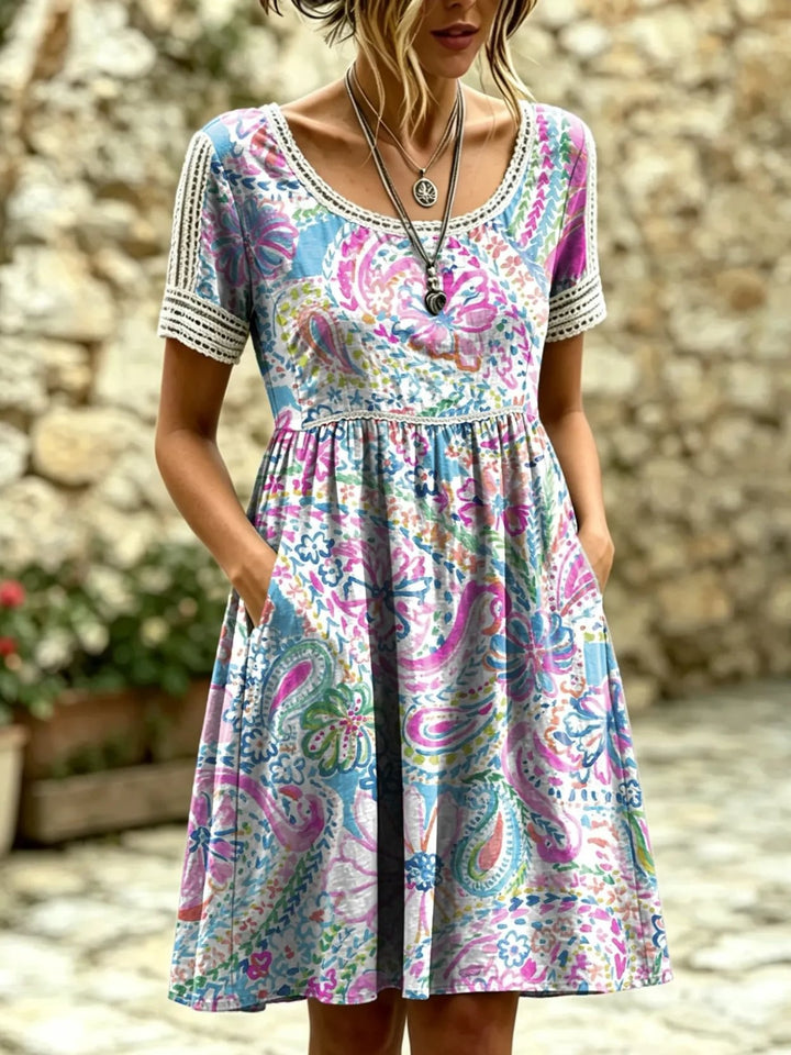 Women's Floral Print Artistic Lace-trimmed Pocket Round-neck Short-sleeve Dress