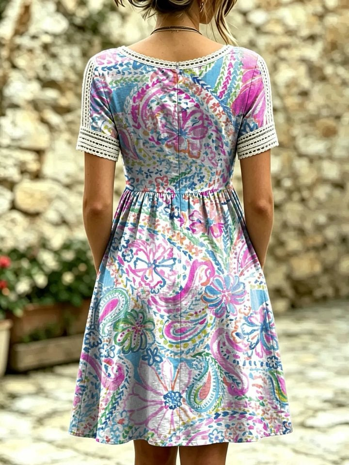 Women's Floral Print Artistic Lace-trimmed Pocket Round-neck Short-sleeve Dress