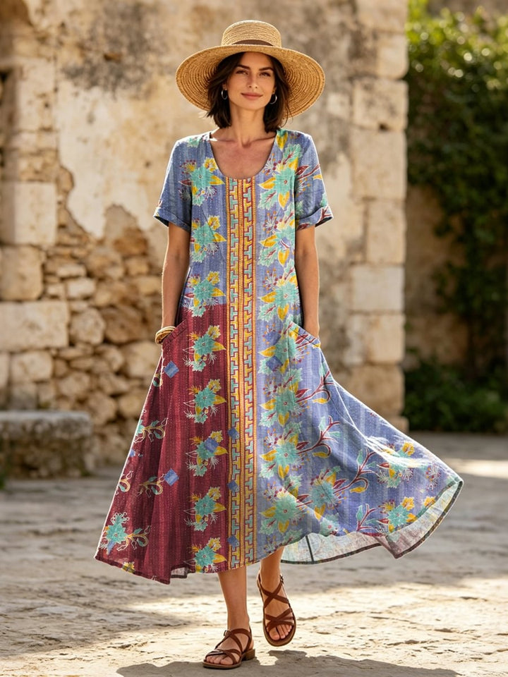 Women's Retro Ethnic Floral Art Print Casual Short-sleeve Pocket Dress
