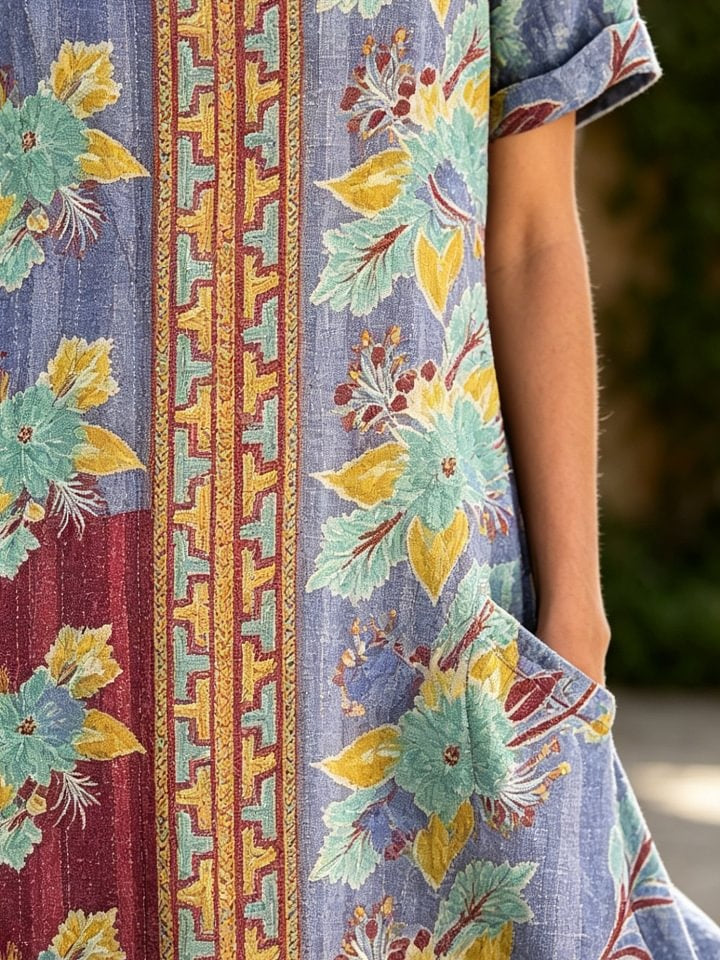 Women's Retro Ethnic Floral Art Print Casual Short-sleeve Pocket Dress