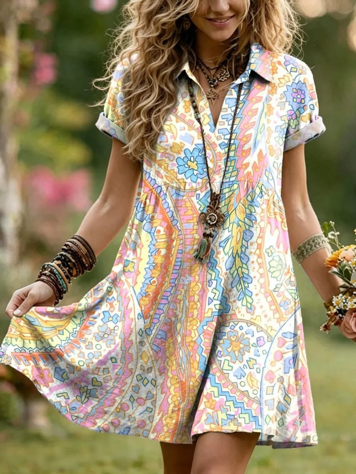 Women's Colorful Paisley Floral Art Print Lapel Short-Sleeve Dress