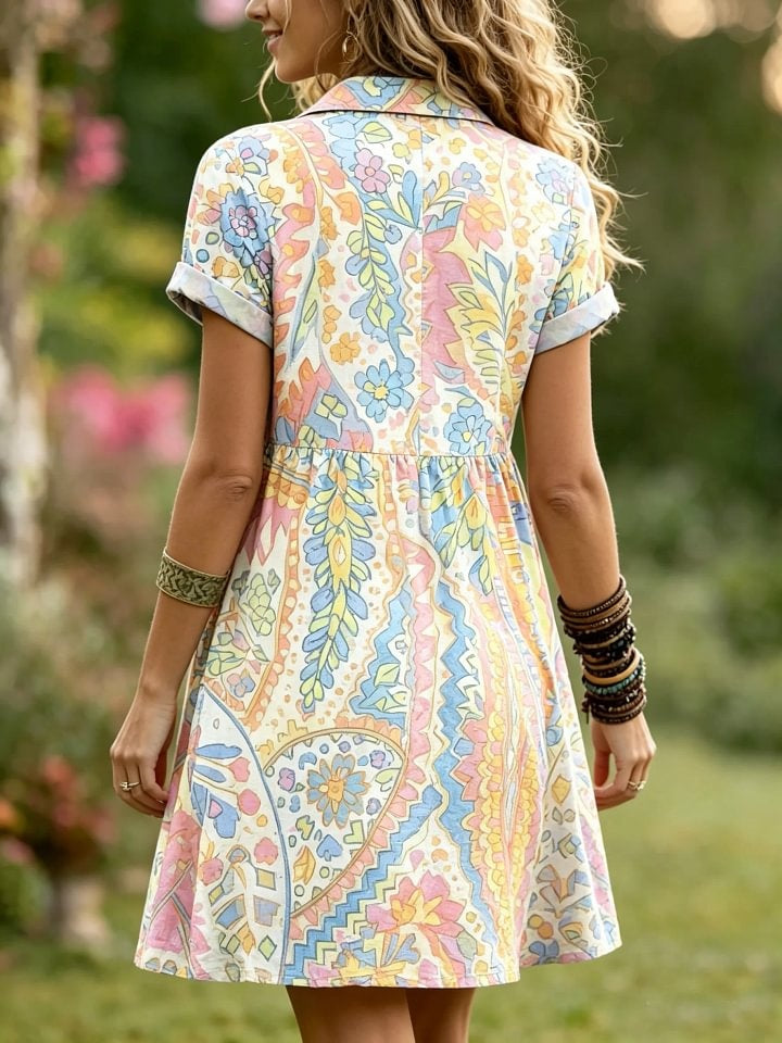Women's Colorful Paisley Floral Art Print Lapel Short-Sleeve Dress