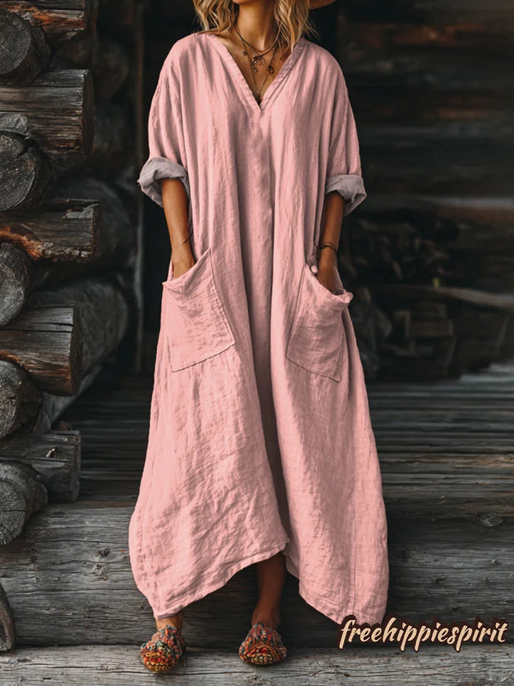 Women's Solid Color V-neck Long Sleeve Pocket Cotton Dress