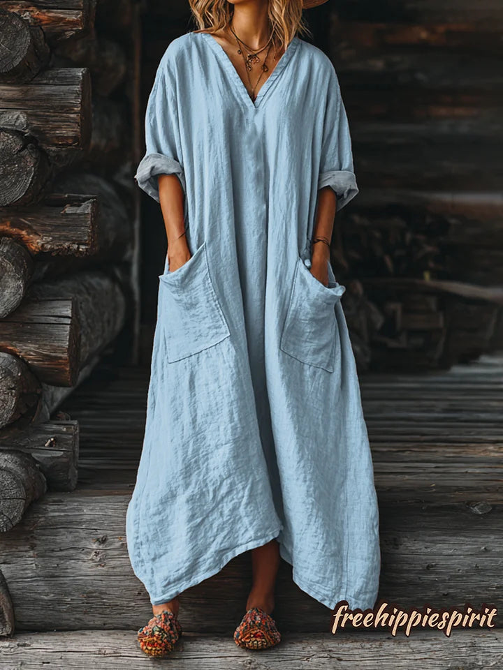Women's Solid Color V-neck Long Sleeve Pocket Cotton Dress