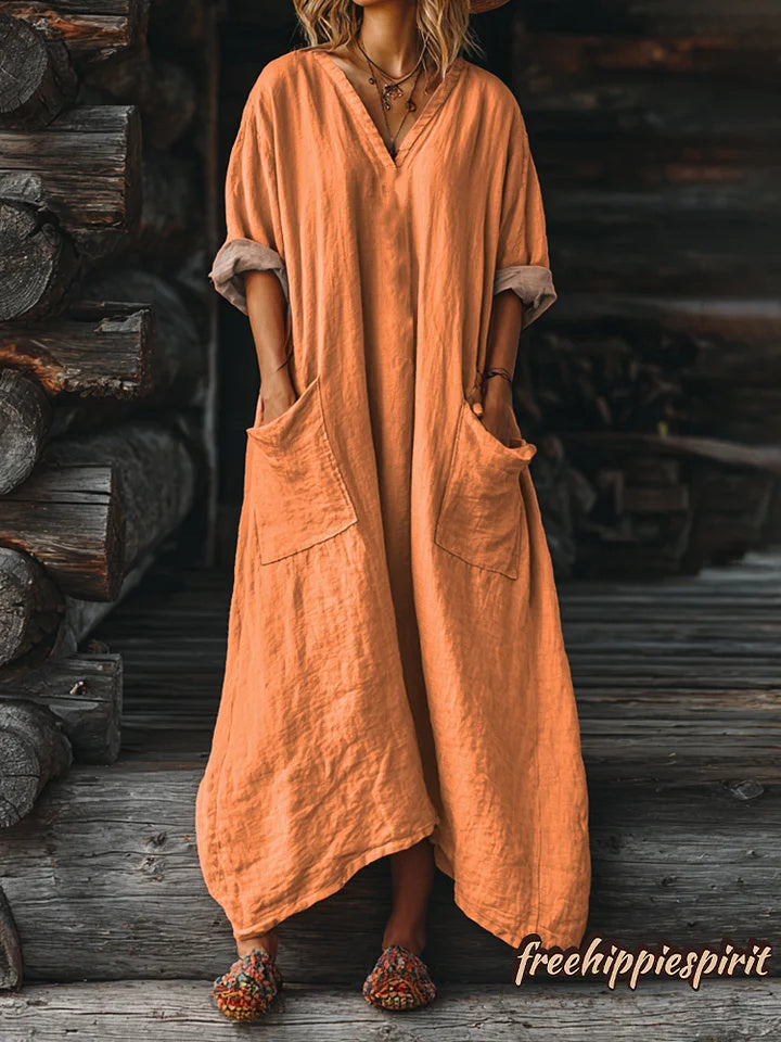 Women's Solid Color V-neck Long Sleeve Pocket Cotton Dress