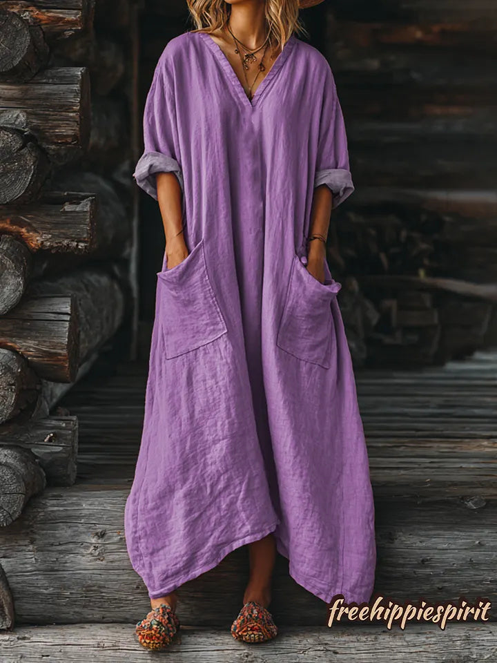 Women's Solid Color V-neck Long Sleeve Pocket Cotton Dress