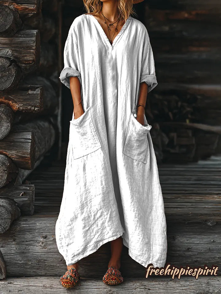 Women's Solid Color V-neck Long Sleeve Pocket Cotton Dress
