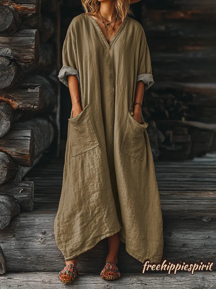 Women's Solid Color V-neck Long Sleeve Pocket Cotton Dress
