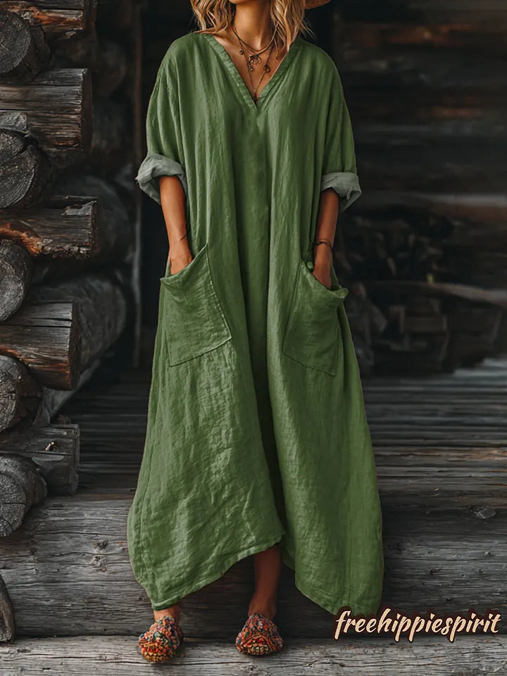 Women's Solid Color V-neck Long Sleeve Pocket Cotton Dress