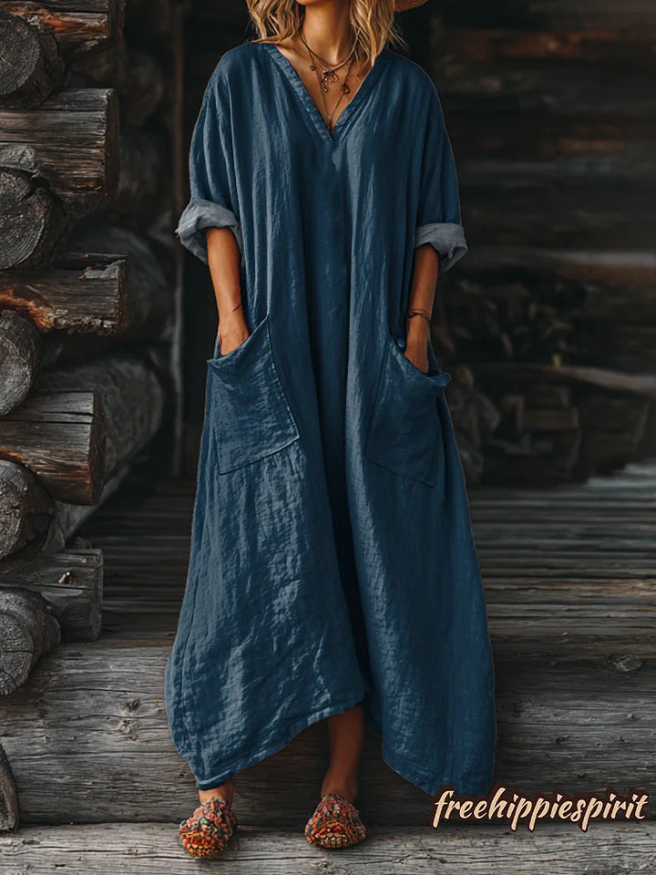 Women's Solid Color V-neck Long Sleeve Pocket Cotton Dress