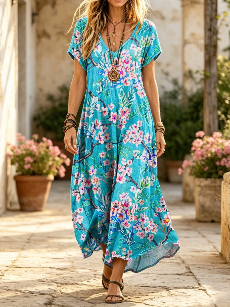 Women's Retro Ethnic Floral Art Print Casual Short-sleeve V-neck Cotton Dress