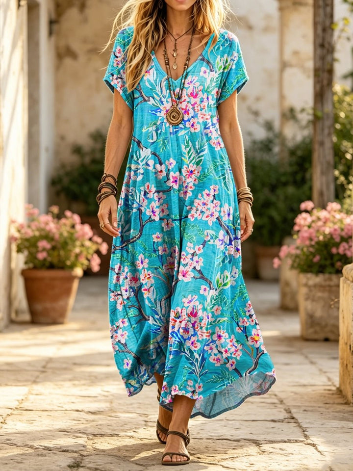 Women's Retro Ethnic Floral Art Print Casual Short-sleeve V-neck Cotton Dress