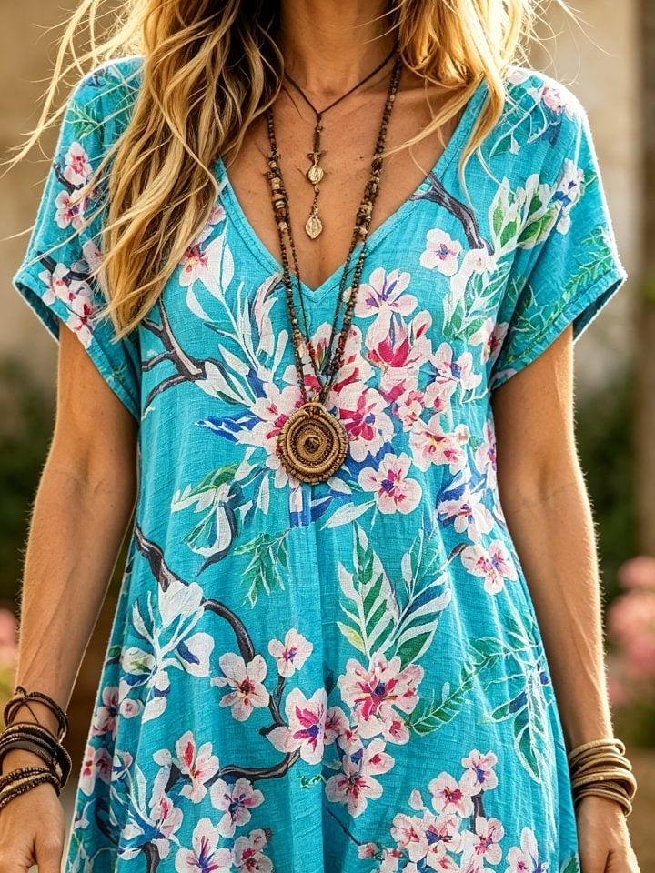 Women's Retro Ethnic Floral Art Print Casual Short-sleeve V-neck Cotton Dress