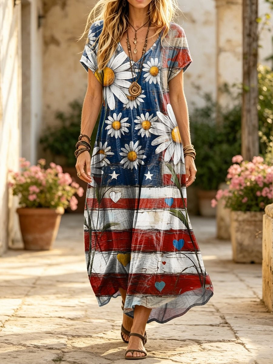 Women's Retro Flag And Floral Art Print Casual Short-sleeve V-neck Cotton Dress