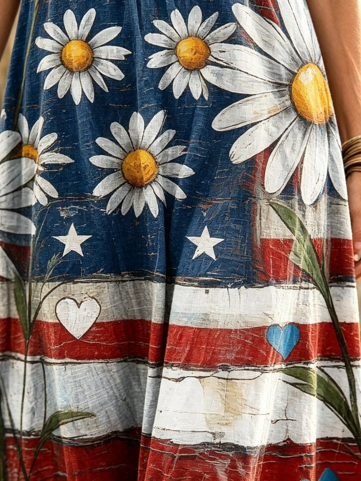 Women's Retro Flag And Floral Art Print Casual Short-sleeve V-neck Cotton Dress