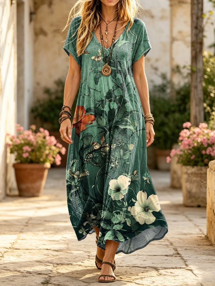 Women's Retro Ethnic Floral Art Print Casual Short-sleeve V-neck Cotton Dress