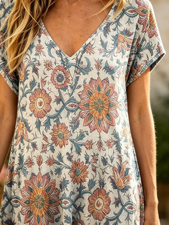 Women's Retro Ethnic Floral Art Print Casual Short-sleeve V-neck Cotton Dress