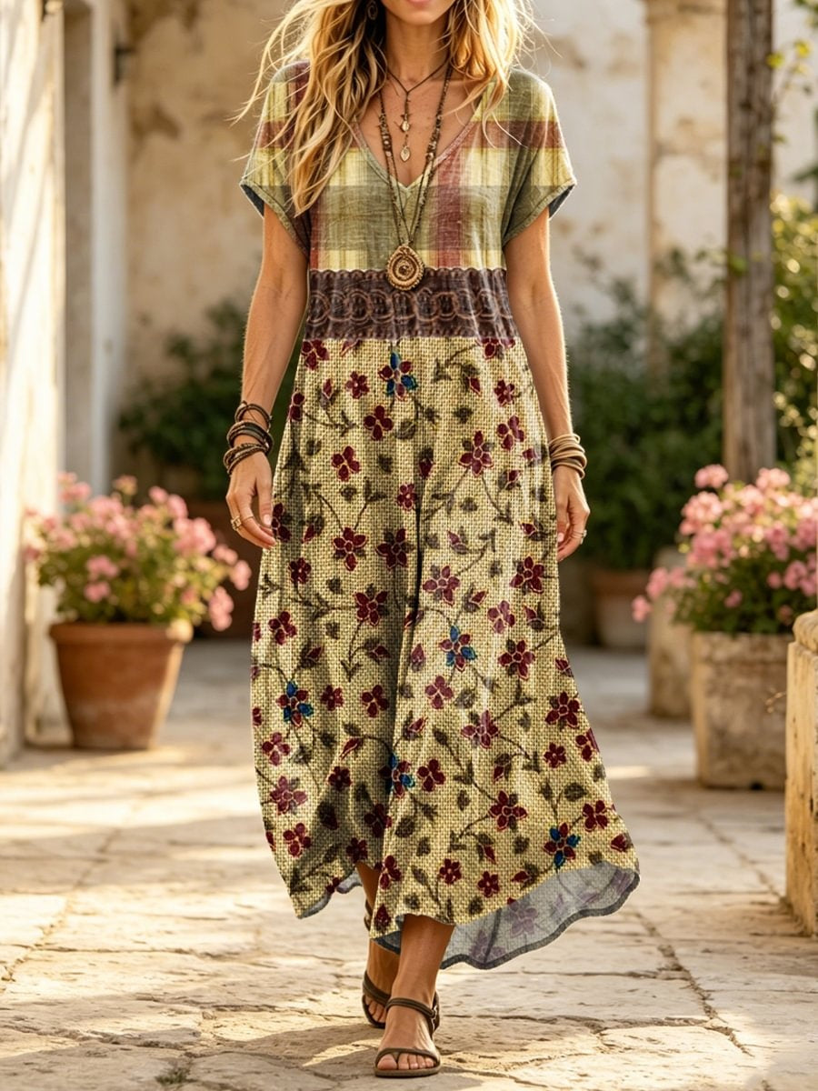 Women's Retro Floral Plaid Art Print Casual Short-sleeve V-neck Cotton Dress
