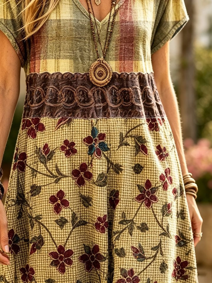 Women's Retro Floral Plaid Art Print Casual Short-sleeve V-neck Cotton Dress