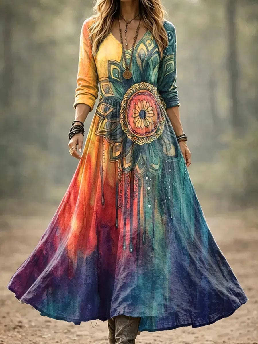 Women's Boho Mandala Tie-Dye Print Cotton Maxi Dress