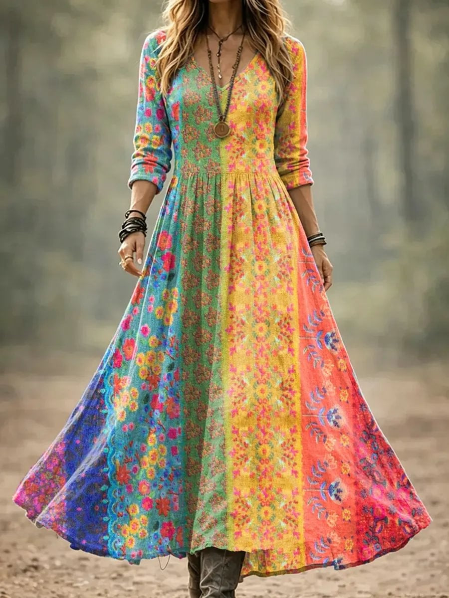 Women's Rainbow Floral Patchwork Print Cotton Maxi Dress